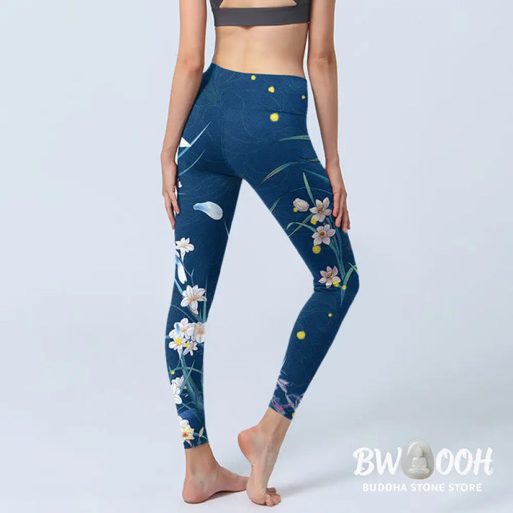 BWOOOH printed yoga leggings - SteelBlue Small White Flowers Butterfly 