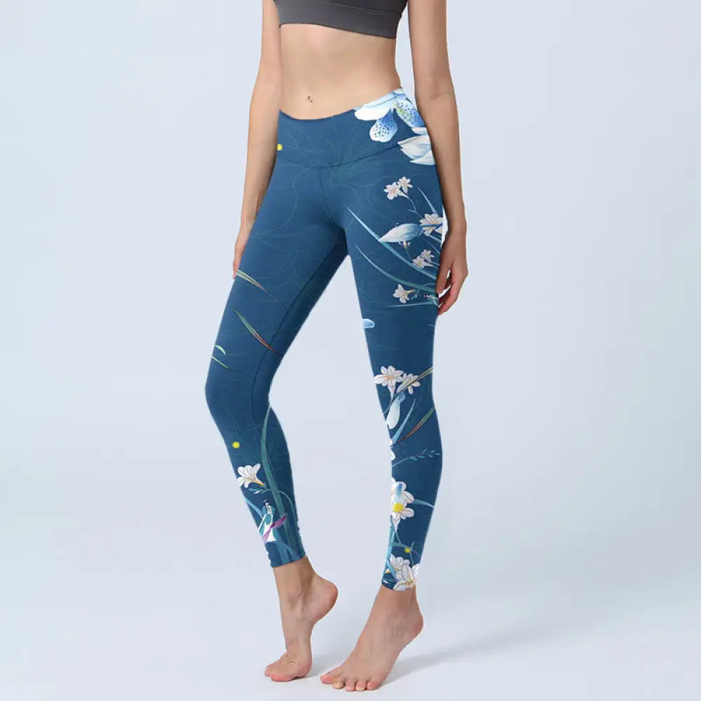 BWOOOH printed yoga leggings - SteelBlue Small White Flowers Butterfly 