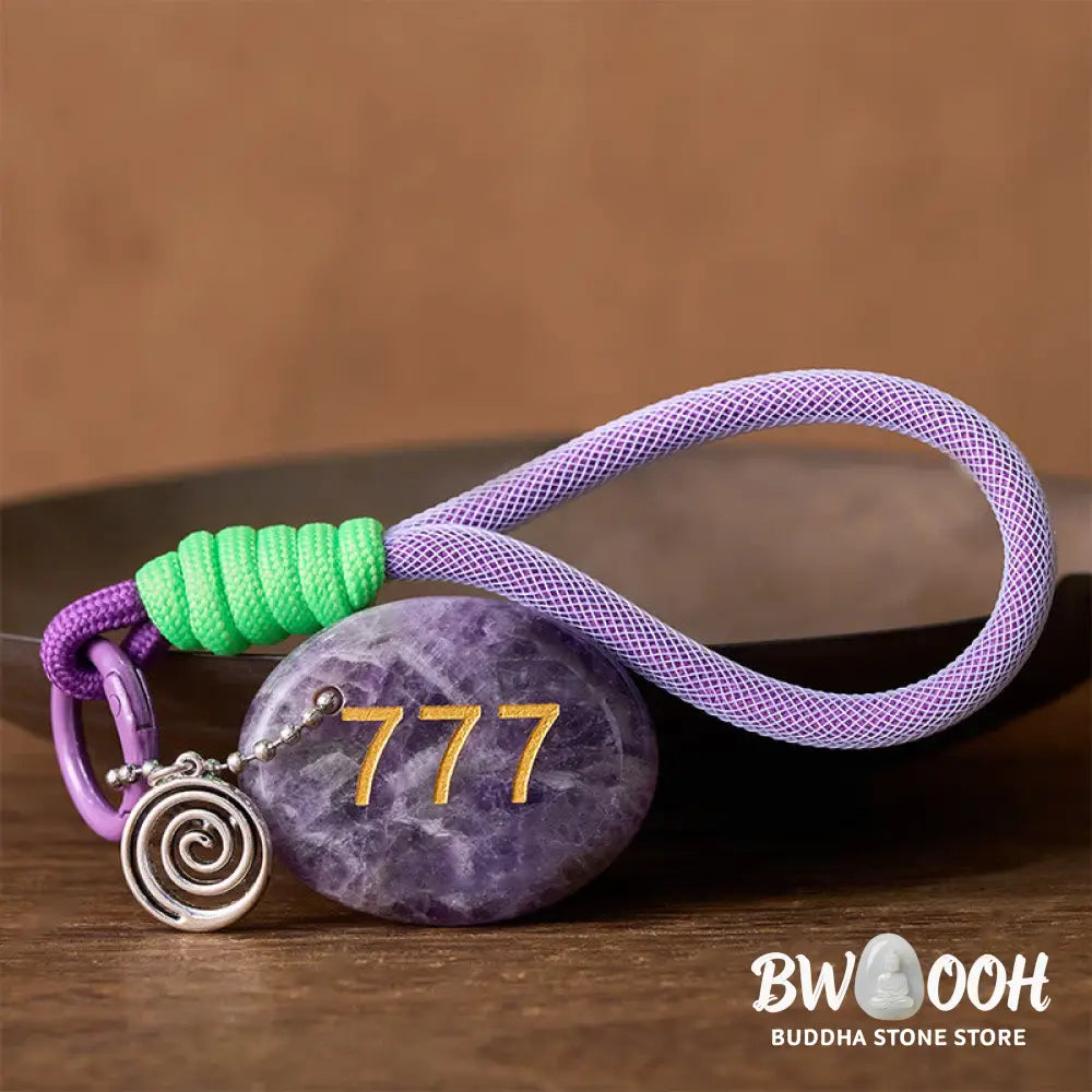 Buddha Stones 'Step Into Luck and Wisdom' 777 Angel Number Natural Amethyst Key Chain Hanging Decoration Includes Gift