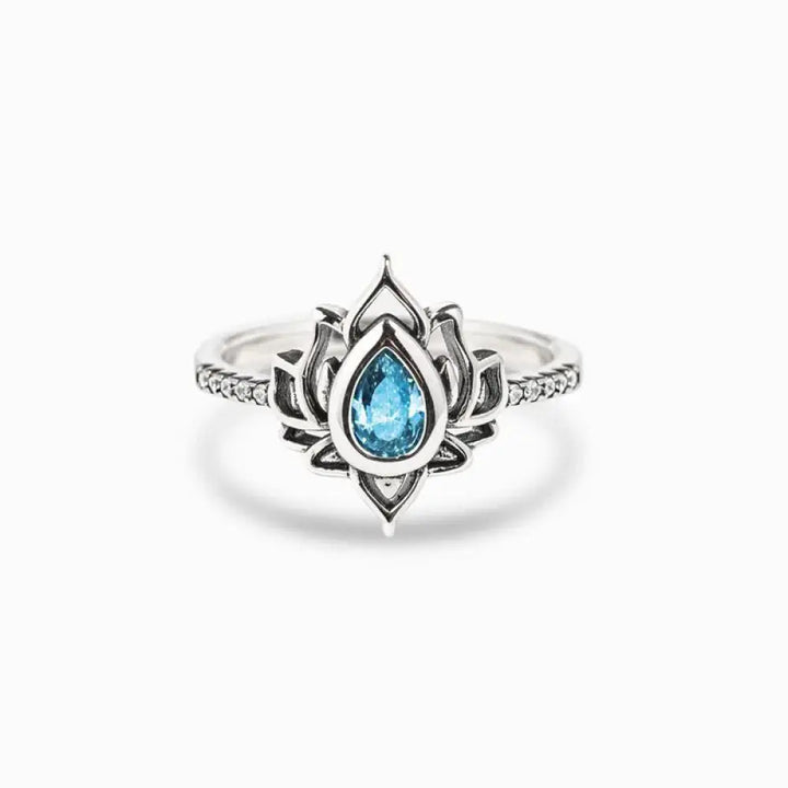 Buddha Stones Sterling Silver Lotus Zircon Blessing Protection Ring - BWOOOH - Blue / US5 - Ring