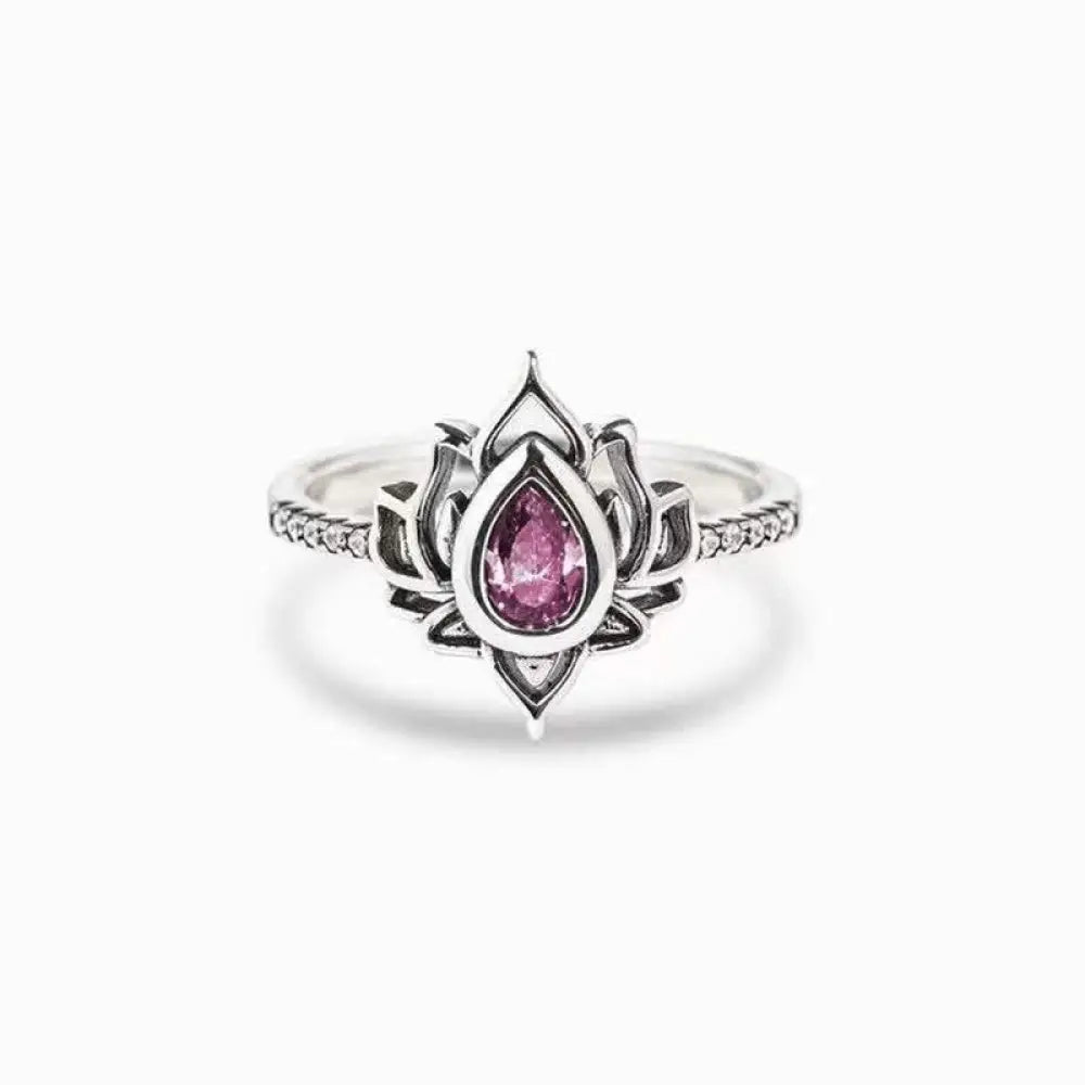 Buddha Stones Sterling Silver Lotus Zircon Blessing Protection Ring - BWOOOH - MediumVioletRed / US5 - Ring