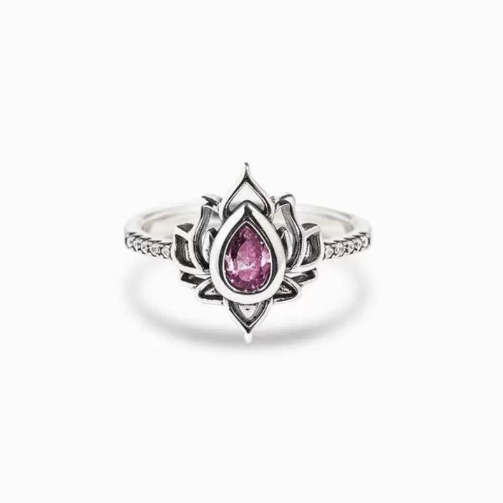 Buddha Stones Sterling Silver Lotus Zircon Blessing Protection Ring - BWOOOH - MediumVioletRed / US5 - Ring
