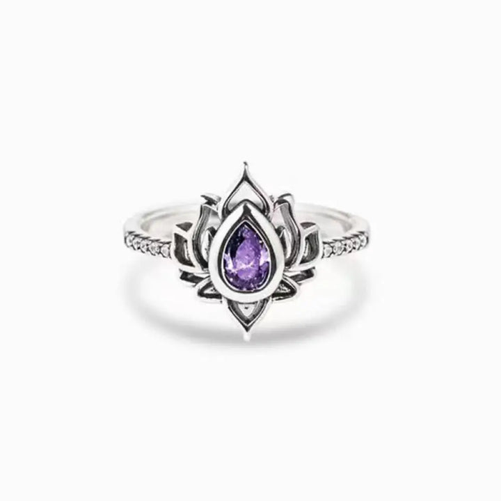 Buddha Stones Sterling Silver Lotus Zircon Blessing Protection Ring - BWOOOH - Purple / US5 - Ring