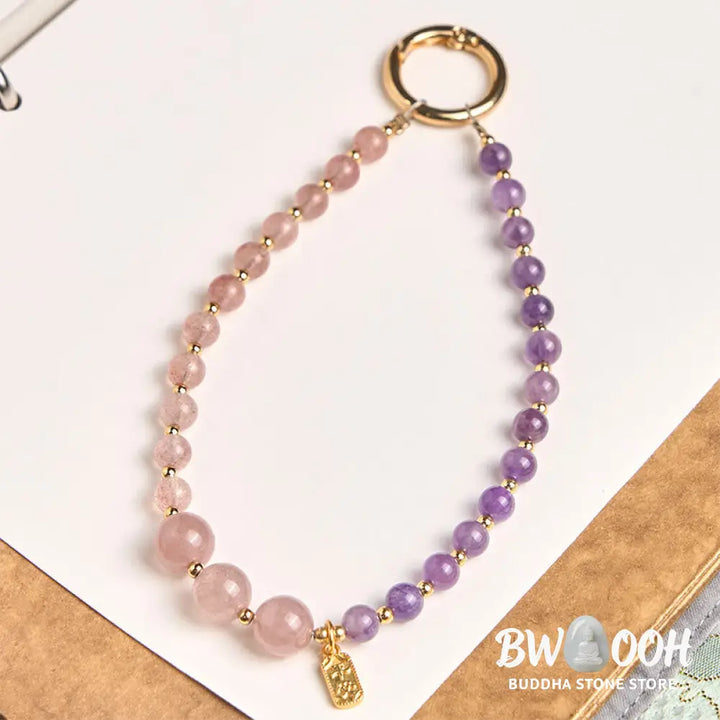 Buddha Stones Strawberry Quartz Amethyst Happiness Healing Key Chain Phone Hanging Decoration - Strawberry