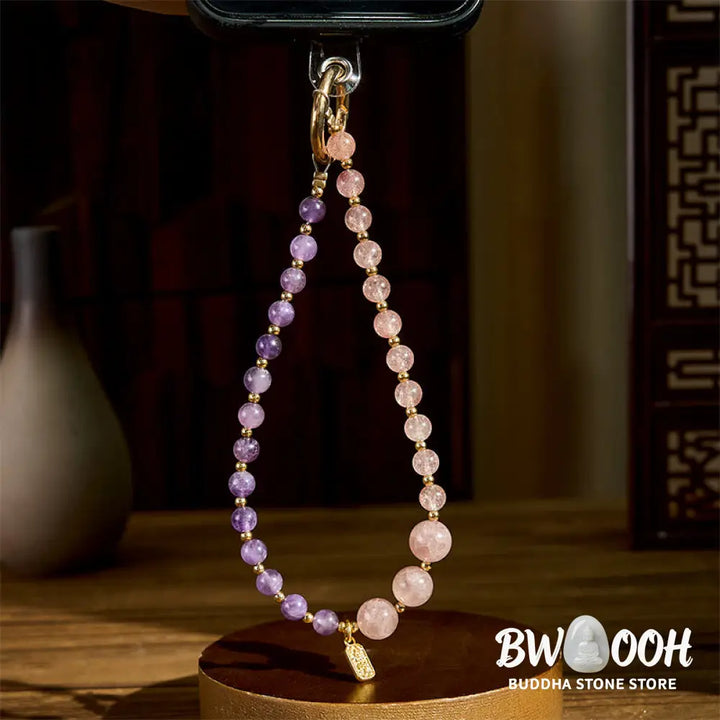 Buddha Stones Strawberry Quartz Amethyst Happiness Healing Key Chain Phone Hanging Decoration - Strawberry