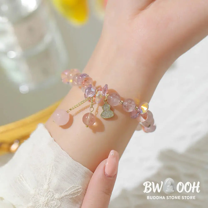 Buddha Stones Strawberry Quartz Crystal Gourd Positive Bracelet - BWOOOH - Strawberry Quartz(Wrist Circumference: