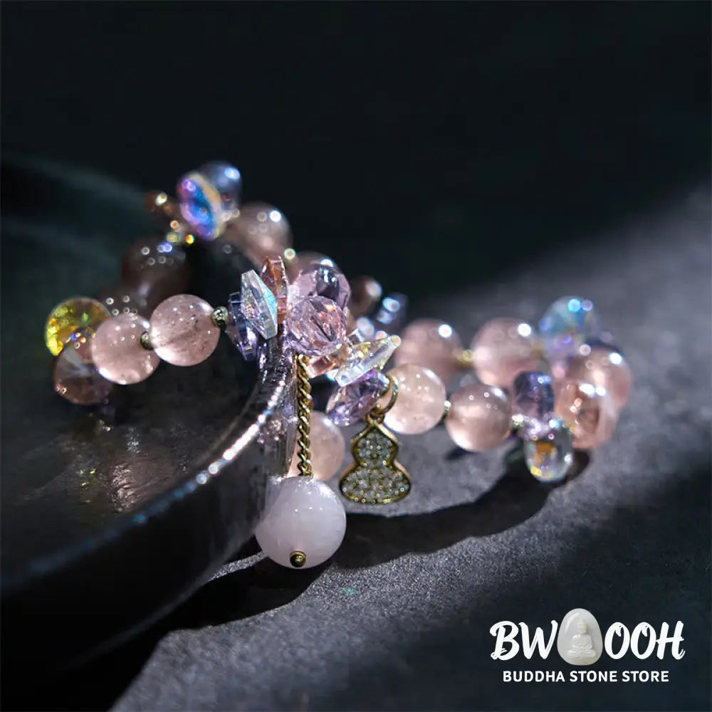 Buddha Stones Strawberry Quartz Crystal Gourd Positive Bracelet - BWOOOH - Strawberry Quartz(Wrist Circumference: