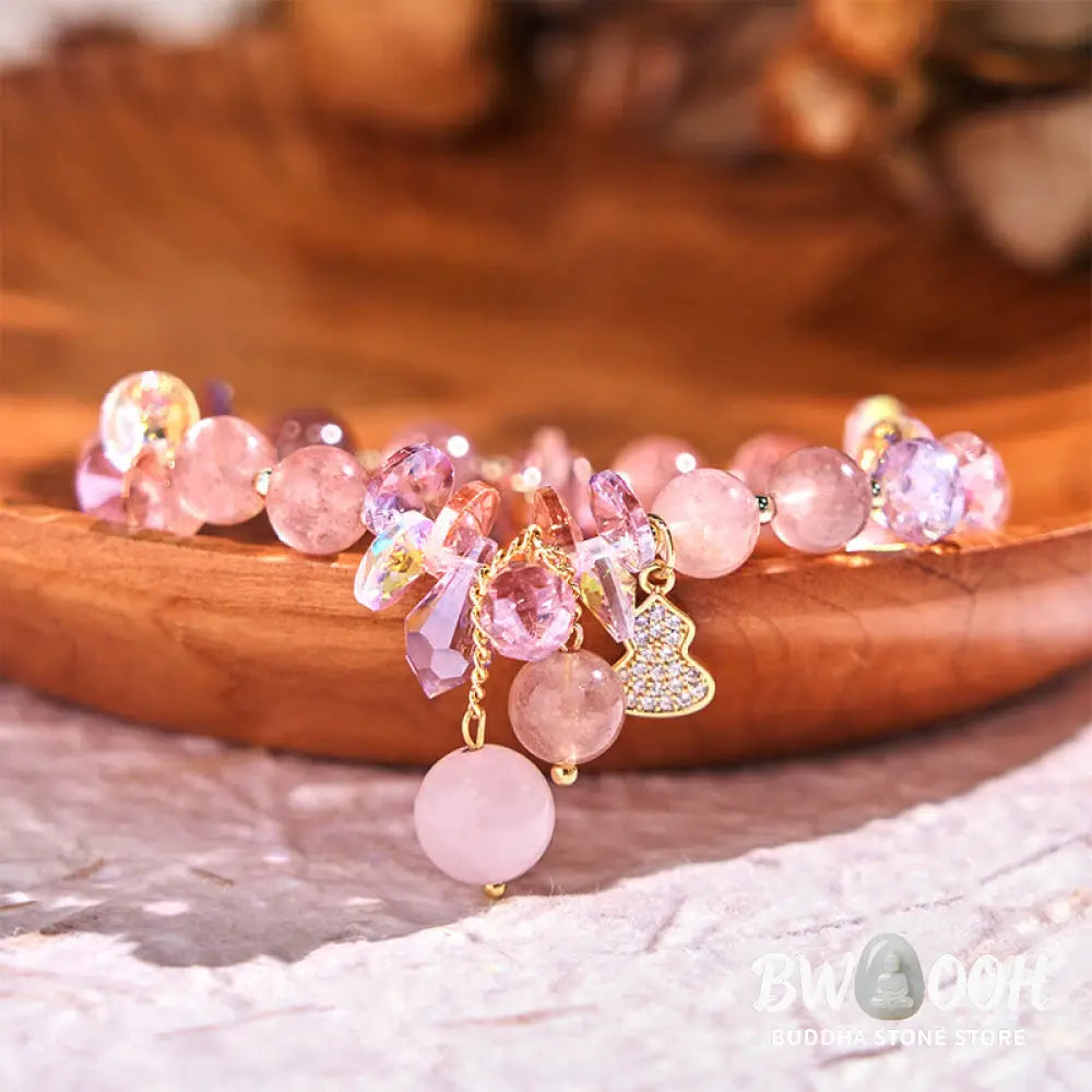 Buddha Stones Strawberry Quartz Crystal Gourd Positive Bracelet - BWOOOH - Strawberry Quartz(Wrist Circumference: