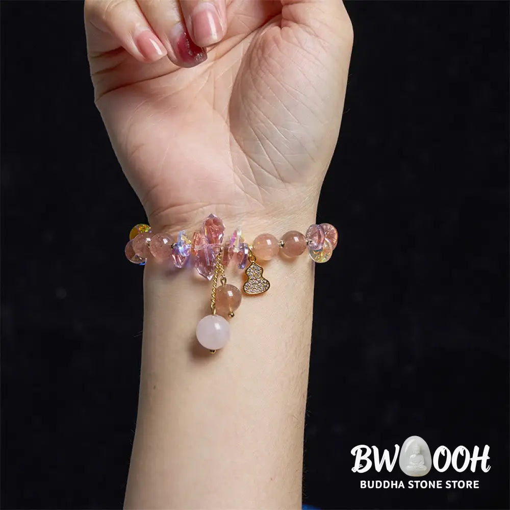 Buddha Stones Strawberry Quartz Crystal Gourd Positive Bracelet - BWOOOH - Strawberry Quartz(Wrist Circumference: