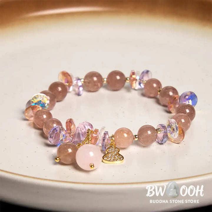 Buddha Stones Strawberry Quartz Crystal Gourd Positive Bracelet - BWOOOH - Strawberry Quartz(Wrist Circumference: