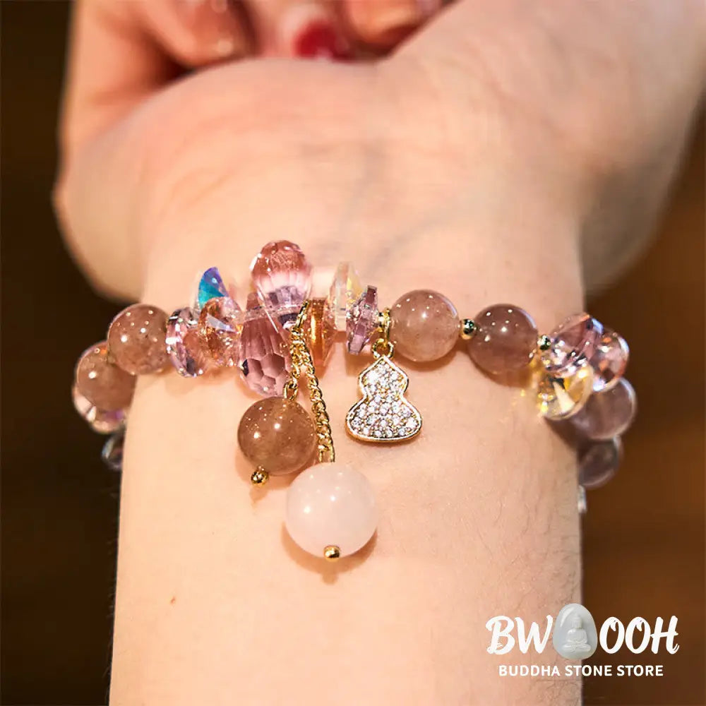 Buddha Stones Strawberry Quartz Crystal Gourd Positive Bracelet - BWOOOH - Strawberry Quartz(Wrist Circumference: