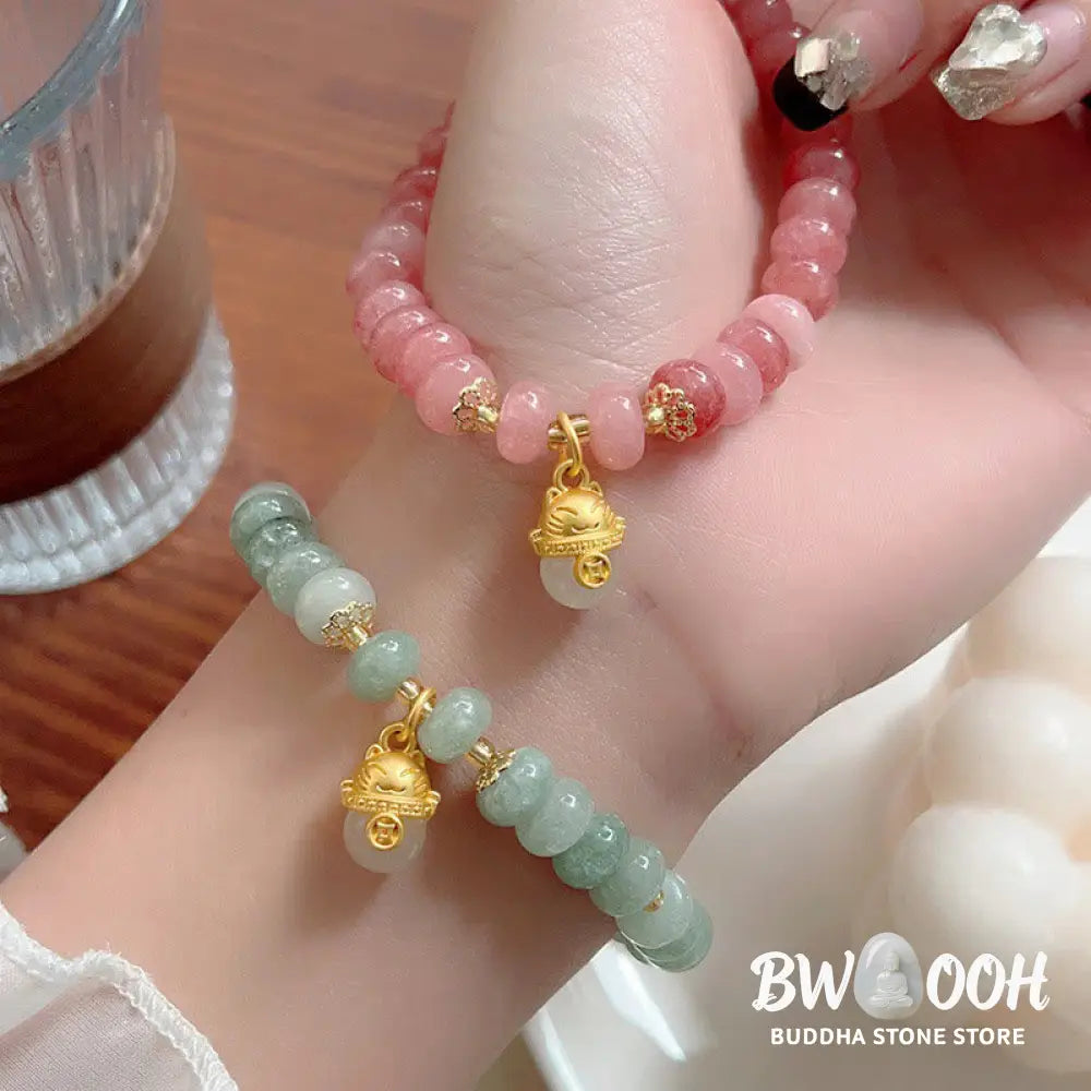 Buddha Stones Strawberry Quartz Cyan Jade Lucky Cat Beads Healing Bracelet - BWOOOH - Bracelet