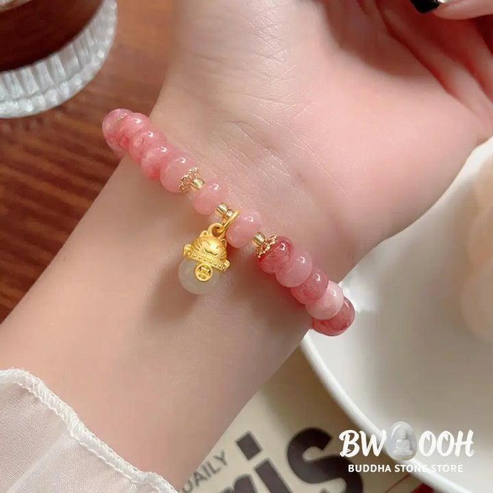 Buddha Stones Strawberry Quartz Cyan Jade Lucky Cat Beads Healing Bracelet - BWOOOH - Bracelet