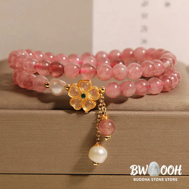 Buddha Stones Strawberry Quartz Four Leaf Clover Double Wrap Design Positive Bracelet - BWOOOH - Strawberry