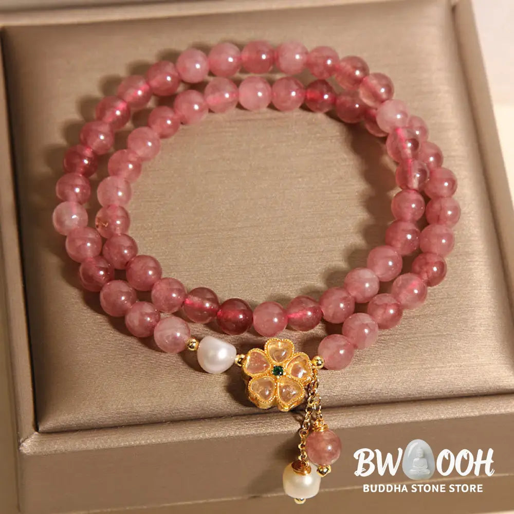 Buddha Stones Strawberry Quartz Four Leaf Clover Double Wrap Design Positive Bracelet - BWOOOH - Strawberry