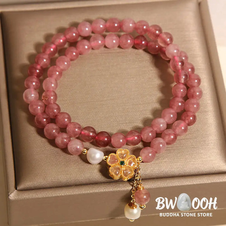 Buddha Stones Strawberry Quartz Four Leaf Clover Double Wrap Design Positive Bracelet - BWOOOH - Strawberry