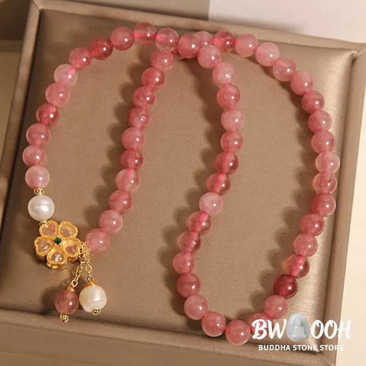 Buddha Stones Strawberry Quartz Four Leaf Clover Double Wrap Design Positive Bracelet - BWOOOH - Strawberry