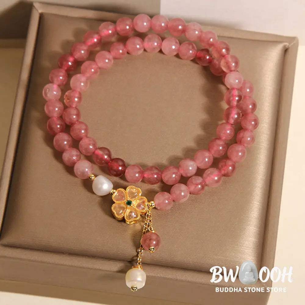 Buddha Stones Strawberry Quartz Four Leaf Clover Double Wrap Design Positive Bracelet - BWOOOH - Strawberry