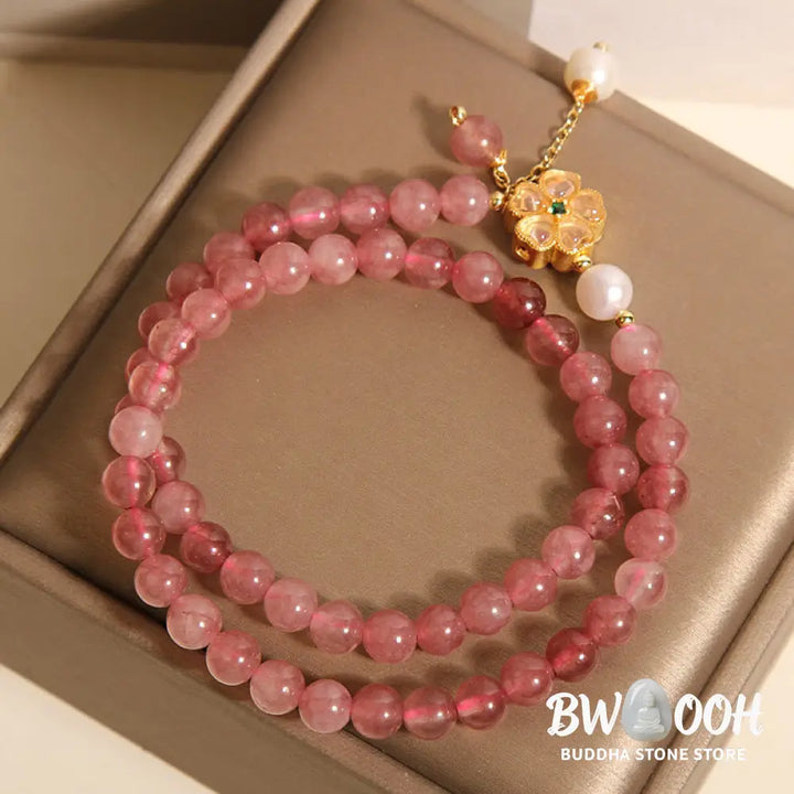 Buddha Stones Strawberry Quartz Four Leaf Clover Double Wrap Design Positive Bracelet - BWOOOH - Strawberry