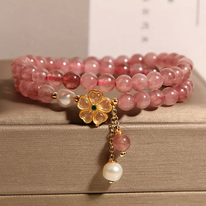 BWOOOH Strawberry Quartz Four Leaf Clover Double Wrap Design Positive Bracelet — Strawberry Quartz crystal healing bracele...