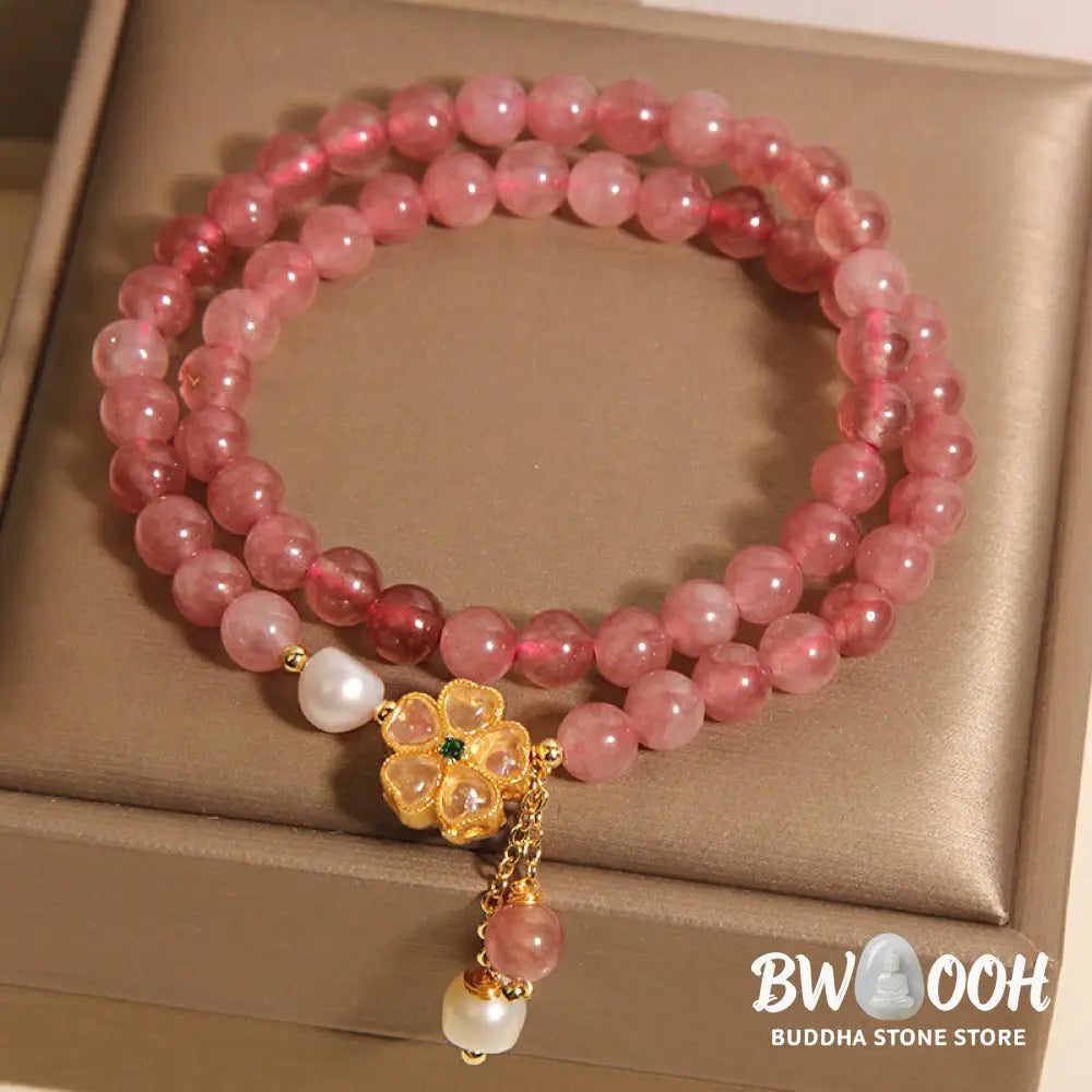 Buddha Stones Strawberry Quartz Four Leaf Clover Double Wrap Design Positive Bracelet - BWOOOH - Strawberry