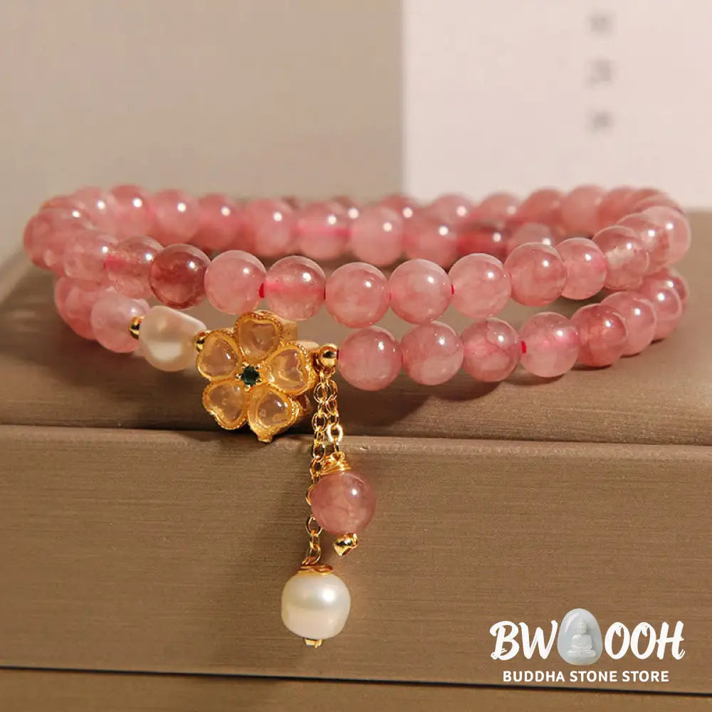 Buddha Stones Strawberry Quartz Four Leaf Clover Double Wrap Design Positive Bracelet - BWOOOH - Strawberry