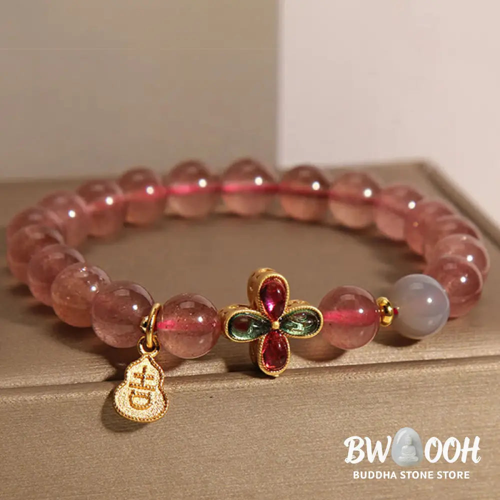 Buddha Stones Strawberry Quartz Four-leaf Clover Lucky Gourd Healing Bracelet - BWOOOH - Strawberry Quartz (Wrist