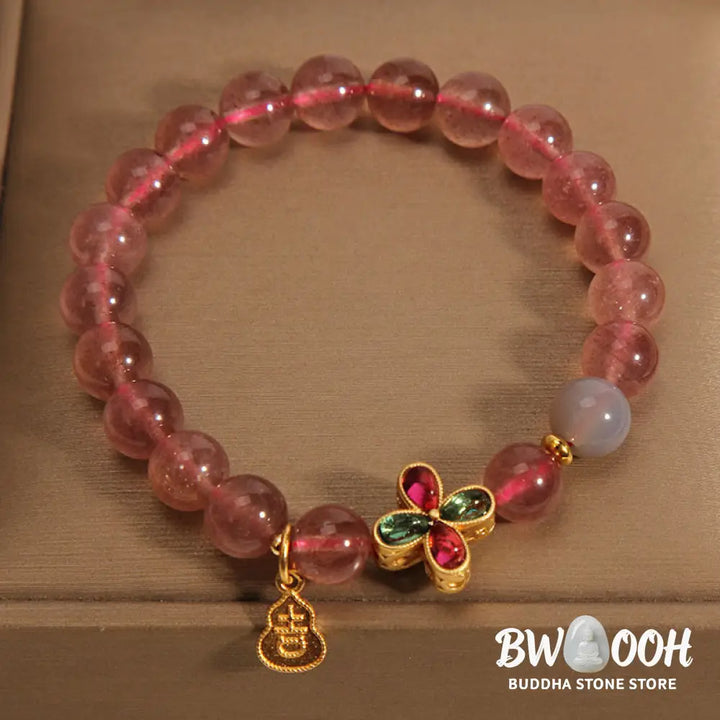 Buddha Stones Strawberry Quartz Four-leaf Clover Lucky Gourd Healing Bracelet - BWOOOH - Strawberry Quartz (Wrist