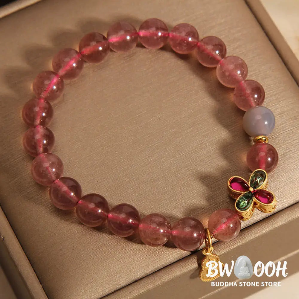 Buddha Stones Strawberry Quartz Four-leaf Clover Lucky Gourd Healing Bracelet - BWOOOH - Strawberry Quartz (Wrist