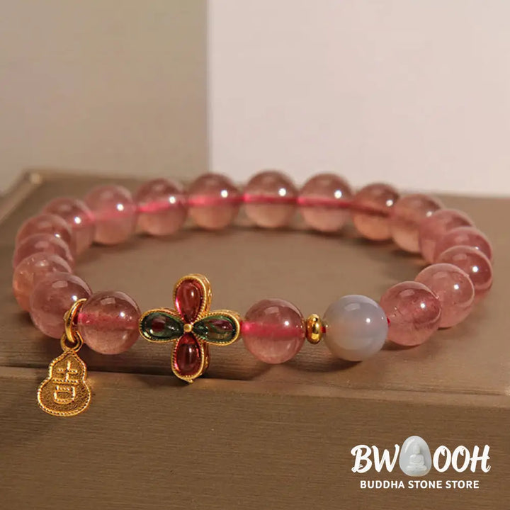 Buddha Stones Strawberry Quartz Four-leaf Clover Lucky Gourd Healing Bracelet - BWOOOH - Strawberry Quartz (Wrist