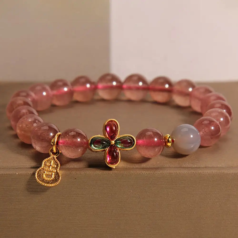 BWOOOH Strawberry Quartz Four-leaf Clover Lucky Gourd Healing Bracelet — Strawberry Quartz crystal healing bracelet for sp...