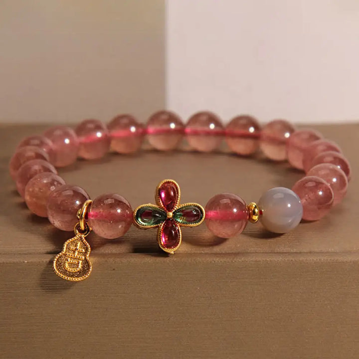BWOOOH Strawberry Quartz Four-leaf Clover Lucky Gourd Healing Bracelet — Strawberry Quartz crystal healing bracelet for sp...