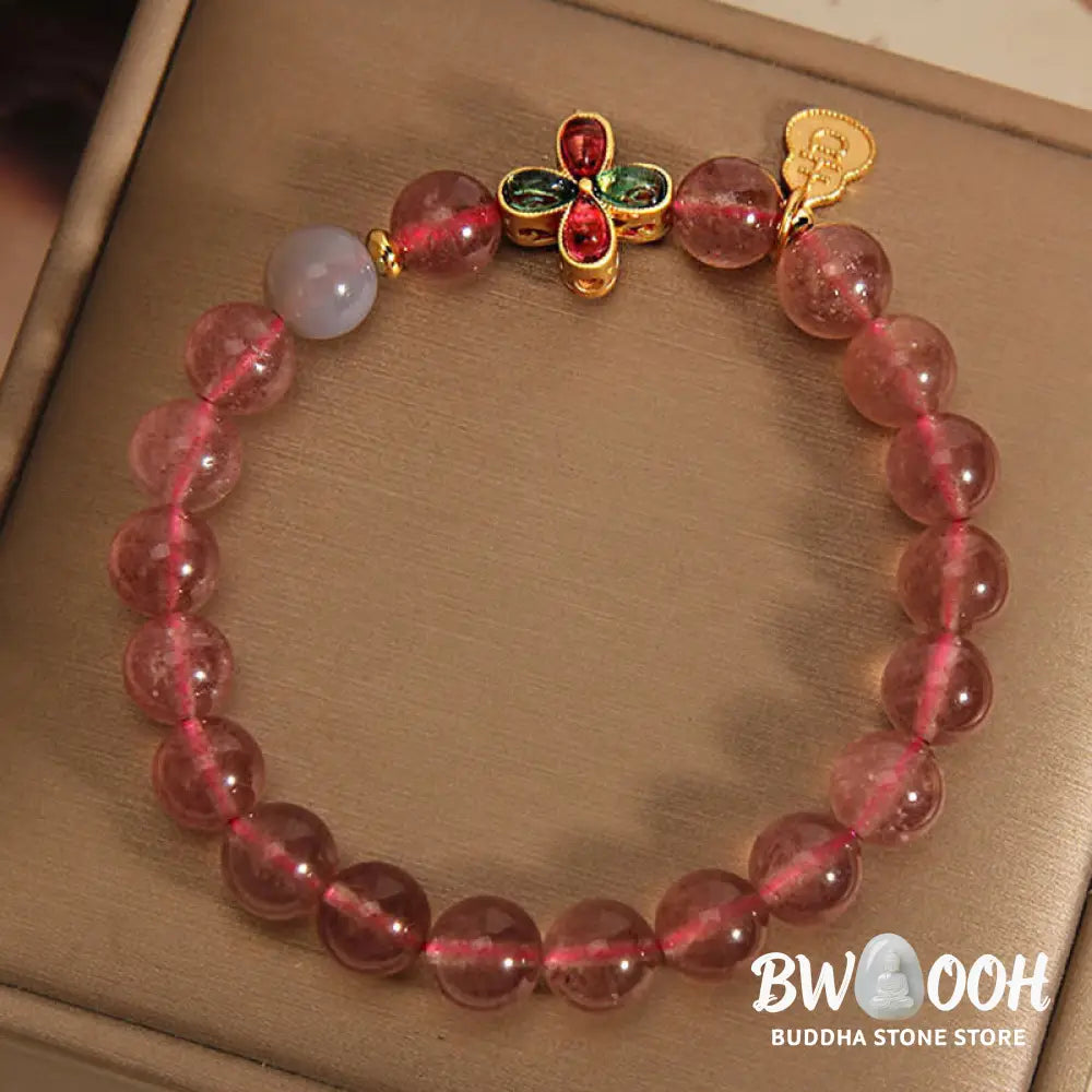 Buddha Stones Strawberry Quartz Four-leaf Clover Lucky Gourd Healing Bracelet - BWOOOH - Strawberry Quartz (Wrist