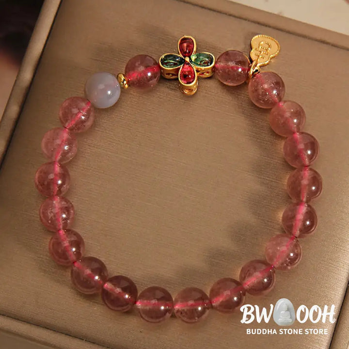 Buddha Stones Strawberry Quartz Four-leaf Clover Lucky Gourd Healing Bracelet - BWOOOH - Strawberry Quartz (Wrist