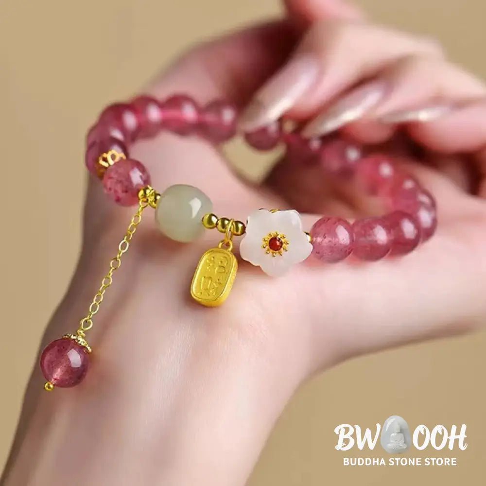 Buddha Stones Strawberry Quartz Fu Character Pink Crystal Healing Bracelet - BWOOOH - Bracelet