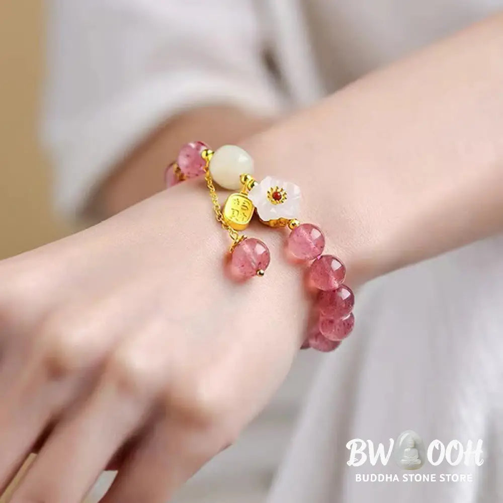 Buddha Stones Strawberry Quartz Fu Character Pink Crystal Healing Bracelet - BWOOOH - Bracelet