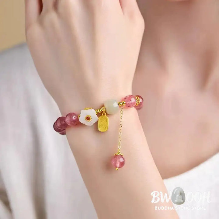 Buddha Stones Strawberry Quartz Fu Character Pink Crystal Healing Bracelet - BWOOOH - Bracelet