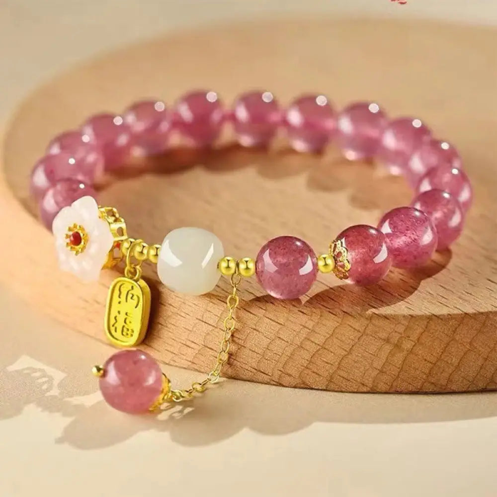 BWOOOH Strawberry Quartz Fu Character Pink Crystal Healing Bracelet - BWOOOH - Pink Crystal(Wrist Circumference: