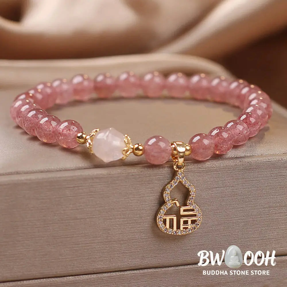 Buddha Stones Strawberry Quartz Gourd Fu Character Charm Positive Bracelet - BWOOOH - Strawberry Quartz(Wrist