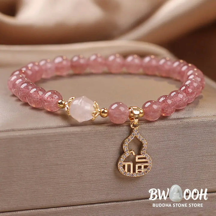 Buddha Stones Strawberry Quartz Gourd Fu Character Charm Positive Bracelet - BWOOOH - Strawberry Quartz(Wrist