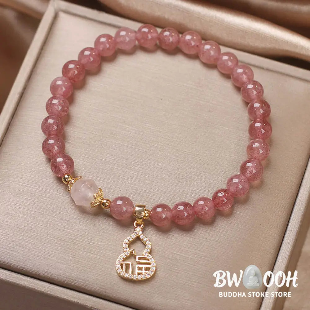 Buddha Stones Strawberry Quartz Gourd Fu Character Charm Positive Bracelet - BWOOOH - Strawberry Quartz(Wrist
