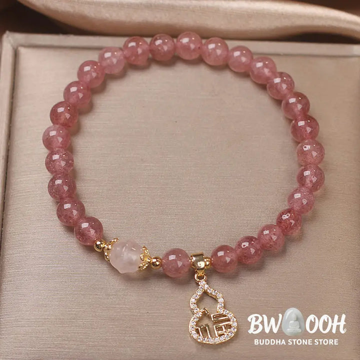 Buddha Stones Strawberry Quartz Gourd Fu Character Charm Positive Bracelet - BWOOOH - Strawberry Quartz(Wrist