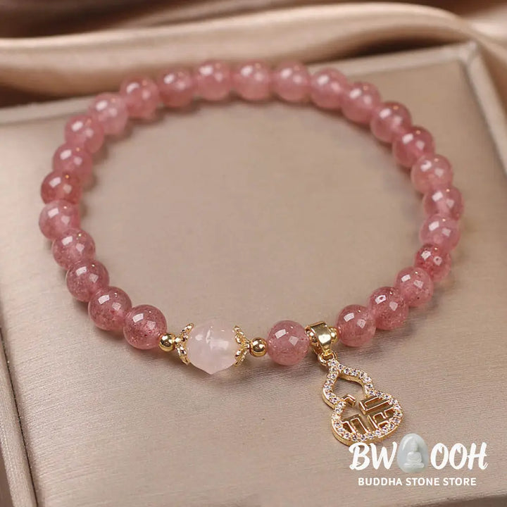 Buddha Stones Strawberry Quartz Gourd Fu Character Charm Positive Bracelet - BWOOOH - Strawberry Quartz(Wrist