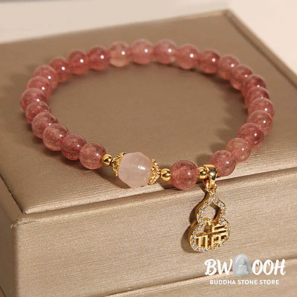 Buddha Stones Strawberry Quartz Gourd Fu Character Charm Positive Bracelet - BWOOOH - Strawberry Quartz(Wrist