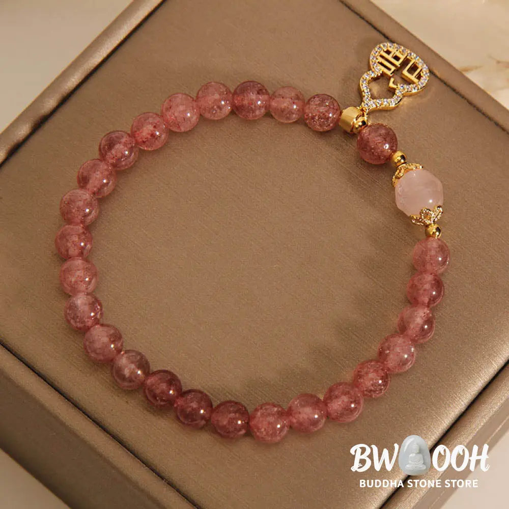Buddha Stones Strawberry Quartz Gourd Fu Character Charm Positive Bracelet - BWOOOH - Strawberry Quartz(Wrist