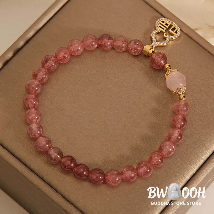 Buddha Stones Strawberry Quartz Gourd Fu Character Charm Positive Bracelet - BWOOOH - Strawberry Quartz(Wrist