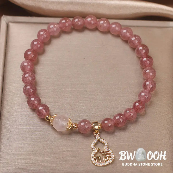 Buddha Stones Strawberry Quartz Gourd Fu Character Charm Positive Bracelet - BWOOOH - Strawberry Quartz(Wrist