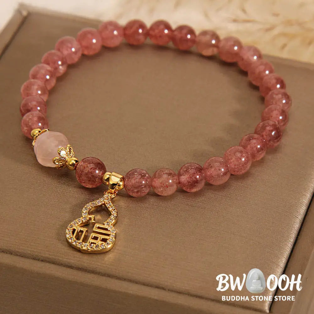 Buddha Stones Strawberry Quartz Gourd Fu Character Charm Positive Bracelet - BWOOOH - Strawberry Quartz(Wrist