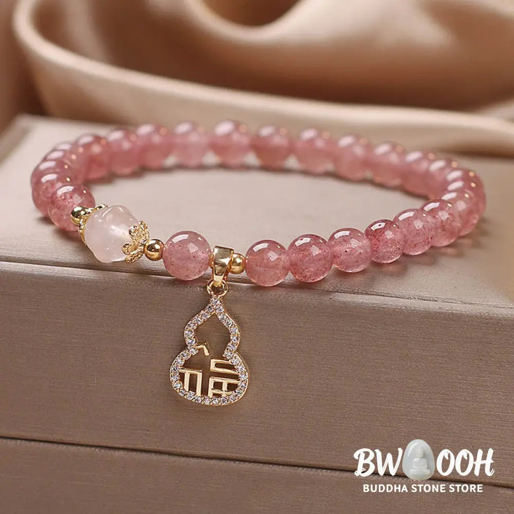 Buddha Stones Strawberry Quartz Gourd Fu Character Charm Positive Bracelet - BWOOOH - Strawberry Quartz(Wrist