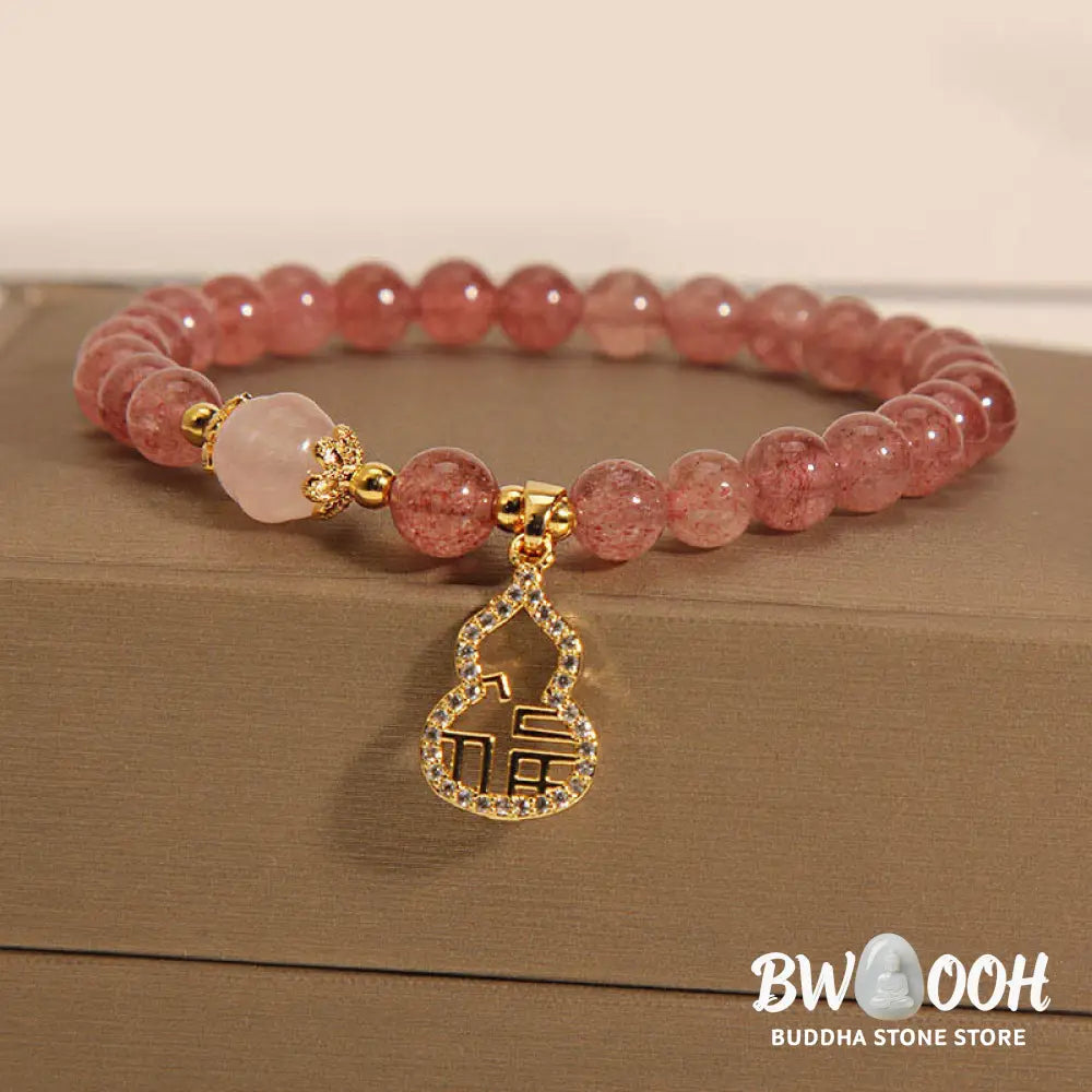 Buddha Stones Strawberry Quartz Gourd Fu Character Charm Positive Bracelet - BWOOOH - Strawberry Quartz(Wrist